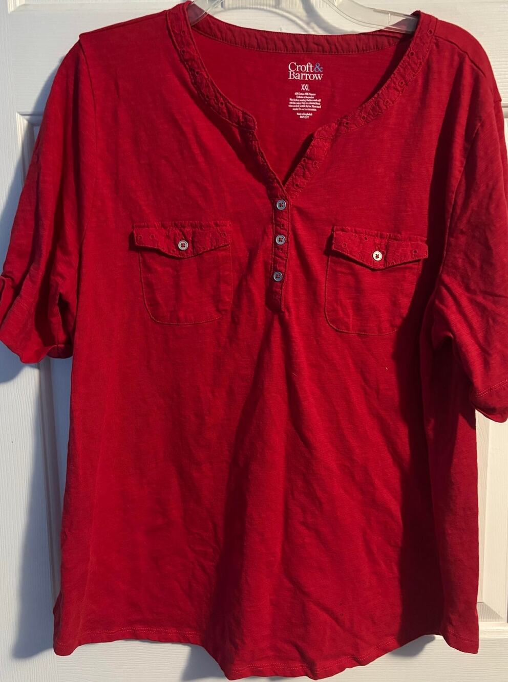 Croft & Barrow Red Slub Knit Eyelet Henley Shirt Womens XXL 2XL Roll Sleeve Tee